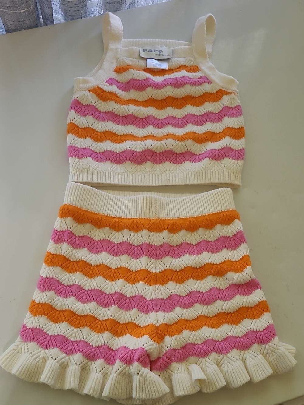 Rare Editions Cream Tank & Striped Skirt Set with Pink & Orange Accents